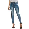 Spftem Women Mid Waisted Skinny Hole Denim Button Stretch Slim Pants Calf Length Jeans