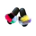 Avamo Faux Fur Slides Fuzzy Fluffy Slippers Flat Soft Sandals Open Toe Casual Shoes