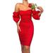 Women Off The Shoulder Babdeau Puff Sleeve Ruched Bodycon Plain Slim Sundress