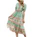 Womens Summer Floral Elastic Waist Crew Neck Short Sleeve Long Dress Beach Sundress