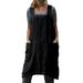 UKAP Casual Beach Kaftan for Women Vintage Fashion Pockets A Line Pinafore Cotton Linen Overall Apron Dress Black L(US 10-12)