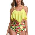 Women High Waisted Bikini Ruffle Swimsuit Flounce Pom Pom Trim Two Piece Bathing Suit Yellow&flamingo (L