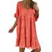 Summer Boho Midi Dress For Women Flare Short Sleeve Empire Waist Pleated Loose Swing Casual Dress Ladies Summer Beach Baggy Kaftan Tunic Dress