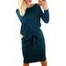 Women's Long Sleeve Party Bodycon Sheath Belted Dress With Pockets