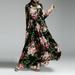 Vintage Women Maxi Summer Dress Flower Print Sheer Sleeve Boho Long Dress with Scarf Black