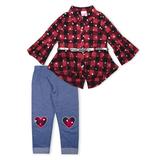 Nannette Bell Sleeve Front Tie Plaid Top With Belt and Knit Denim Legging, 2-Piece Outfit Set (Little Girls)