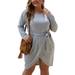 Plus Size XL-4XL Women Long Sleeve Crew Neck Dress Belted Empire Waist Wrap Hem Slit Asymmetrical High Low Bohemian Party Midi Dress