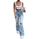 Niuer Women High Waist Retro Bell-bottom Jeans Ripped Denim Flare Trousers Pants Ladies Fit Holes Jeans Trousers Cute Ripped Bootcut Jeans For Junior Ladies