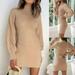 Monfince Ladies Autumn/winter Knit Sweater Dress Casual Solid Color Mid-high Collar Waist Long Sleeve Plush Dress One Piece Jumper