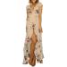 Women's Vintage Party Floral Printed Beach Maxi Dress Full Back Long Ukraine Strappy Cut Out Split Strap V Neck Dress