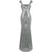Angel-fashions Women's Square Collar Silver Sequin Floral Pattern Wrap Evening Dress