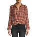 No Boundaries Juniors' Collar Zip Front Plaid Shirt with Twist Front