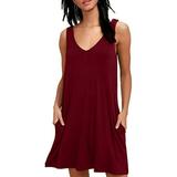 Women Sleeveless Tank Dress Casual V Neck Solid Loose Beach Tank A-line Pocket Dresses Ladies Summer T Shirt Dress Holiday Sundress Sexy Vest Mini Dress Red Wine L(12-14)