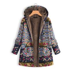 2021 Hot Sale Womens Coat Ladies Long Sleeve Jacket Winter Warm Floral Print Hooded Vintage Overcoat