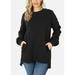 Womens Juniors Long Sleeve Fleece Sweatshirt Round Neckline High Low Hem Pullover Cozy Warm Black Sweater 11010P