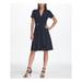 DKNY Womens Navy Zippered Embellished Collared Short Sleeve V Neck Above The Knee A-Line Party Dress Size 8