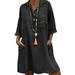 Women Autumn 4/3 Long Sleeve Cotton Linen Long Tunic Shirt Dress Baggy Casual Kaftan Peasant Ethnic Gypsy Loose Sundress Ladies Loose Button Pocket Mid Tunic Shirt Dress