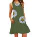 TWZH Women Exquisite Daisy Print Crew Neck Sleeveless Pocket Mini Dress