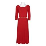 Nina Leonard Scoop Neck 3/4 Sleeve Waist Detail Solid Jersey Dress-RED