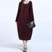 Meterk Fashion Women Casual Loose Dress Solid Color Long Sleeve Pocket Baggy Midi Long Dress Plus Size Burgundy/Blue/Coffee