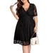 Women Lace V Neck Plus Size Cocktail Dress Black Wedding Guest Semi-Formal Party Evening Casual Knee Length Dresses