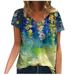 Tuscom Floral Paint T-Shirt for Women Short Sleeve Colorful Tee Casual Trendy Tops V Neck Plus Size Blouse