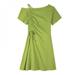 Novel Design Asymmetrical Collar Women's Dresses Summer Short Sleeve Solid Casual Drawstring Cold Shoulder A-Line Dress