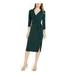 INC Womens Green Belted Slitted Solid 3/4 Sleeve V Neck Below The Knee Wrap Dress Evening Dress Size XS