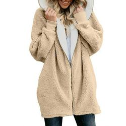 Women's Hooded woolen Fluffy Fleece Cardigan Long Sleeve Sweater Pocket Coat Jacket