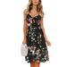 Sexy Dance Women Spaghetti Strap Beach Floral Dresses Summer Tie Front V-Neck Strappy Button Down A-Line Backless Swing Midi Dress