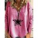 Women's Top Long Sleeve Printed Zipper Top Five-Pointed Star T-shirt