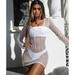 Women Bikini Cover Up Fishnet Hollow Out Lace-Up Front Long Sleeve Swimsuit Coverups Beach Mini Dress White/Black