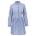 Fashion Women Oversized Stripe Midi Dress Long Sleeve Stand Collar Buttons Cotton Loose Baggy Plus Size Dress