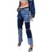 Junior's Patchwork Colorblock Pastel Distressed High Waist Straight Legs Denim Boyfriend Jeans (Small, Denim Blue)