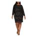 JESSICA HOWARD Womens Black Glitter Zippered Floral 3/4 Sleeve Jewel Neck Above The Knee Sheath Party Dress Size 16W