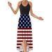 UKAP Women Summer Dress Casual Splicing V-neck Dress Ladies USA Flag Print Swing Dress Sleeveless Color Block Maxi Dress