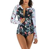 Padded Women Long Sleeve Swimsuit One Piece Surfing Swimwear Swimwear Bathing Suit Floral Printed Zip Front Sexy Ladies