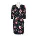 Nina Leonard V-Neck Gathered Side Tie Waist Long Sleeve Floral Jersey Dress-BLACK