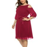 UKAP Oversized Dress with Belt for Women Short Sleeve Crew-Neck Lace Cocktail Dress Solid Color A-line Dress