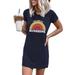 New Women's Letter Print T Shirt Dress Summer Casual Rainbow Print Short Sleeve Slim Mini Dress Beach Bodycon Dresses SUNSHINE Print Dress