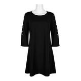 Nina Leonard Scoop Neck Embellished Long Sleeve Solid Stretch Crepe Dress-BLACK