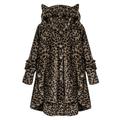 Zonghan Women Jacket Side Buckle Fluffy Hem Coat Hooded Loose Warm Pullover Sweater Cute Ear Hooded Coat Leopard Texture M