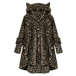 Zonghan Women Jacket Side Buckle Fluffy Hem Coat Hooded Loose Warm Pullover Sweater Cute Ear Hooded Coat Leopard Texture M