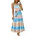 Women Strappy Long Maxi Dresses Casual Loose Boho Kaftan Beach Sundress Ladies Striped Lace Up Waist Summer Dress