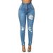 Plus Size Women Blue Ripped Jeans Casual High Waist Denim Pants Sexy Hole Elastic Skinny Jeans Pants Trousers