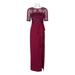 Adrianna Papell Crew Neck 3/4 Sleeve Illusion Embellished Mesh Bodice Ruffled Side Crepe Dress (Petite)-BLACK CHERRY