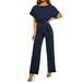 Womens Casual Short Sleeve Belted Jumpsuit Long Pants Back Keyhole Overall Romper Playsuit Plus Size S-3XL