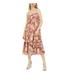 INC Womens Orange Ruffled Floral Spaghetti Strap Square Neck Tea-Length Pleated Dress Size L