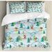 Kids Sports Queen Size Duvet Cover Set, Cute Funny Raccoons Skiing Winter Pine Tree Christmas Humor Noel Childish Print, Decorative 3 Piece Bedding Set with 2 Pillow Shams, Multicolor, by Ambesonne