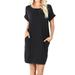 Women & Plus Round Neck Rolled Sleeve Knee Length Tunic Shirt Dress with Pockets (Black, 1X)